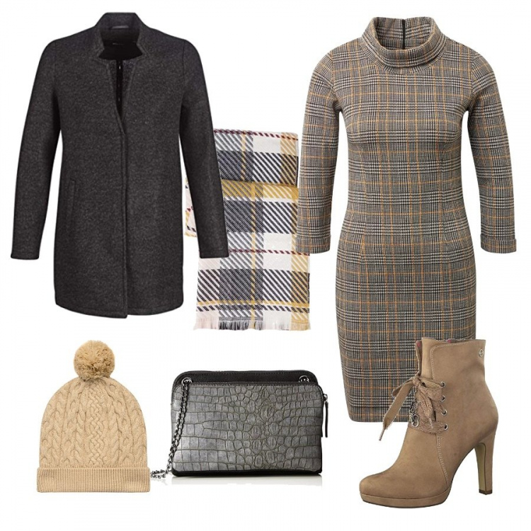 Outfit donna - In ufficio elegante e trendy. Stile Basic per Ufficio. Abbinamento con felpa grigio e nero e bianco, stivaletti, giacca, sciarpa, berretti, borsa a tracolla grigio e nero.