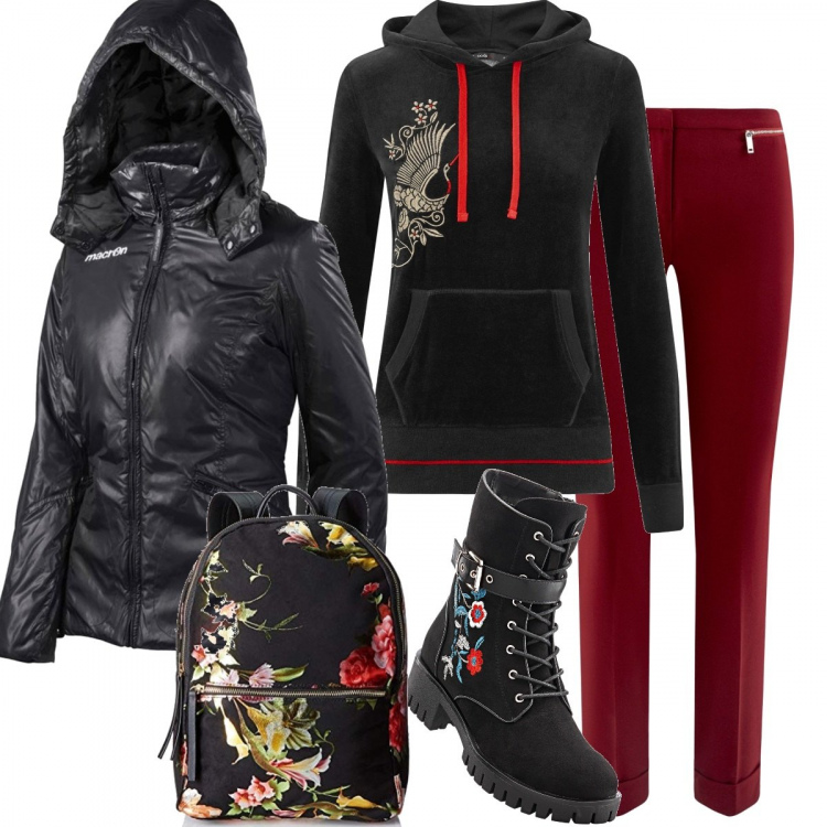 Outfit donna - Viva la montagna. Stile Basic per Tutti i giorni. Abbinamento con stivali, giubbotto sport con zip e tasche nero, pantalone con zip aderente rosso, felpe con cappuccio, zaini.