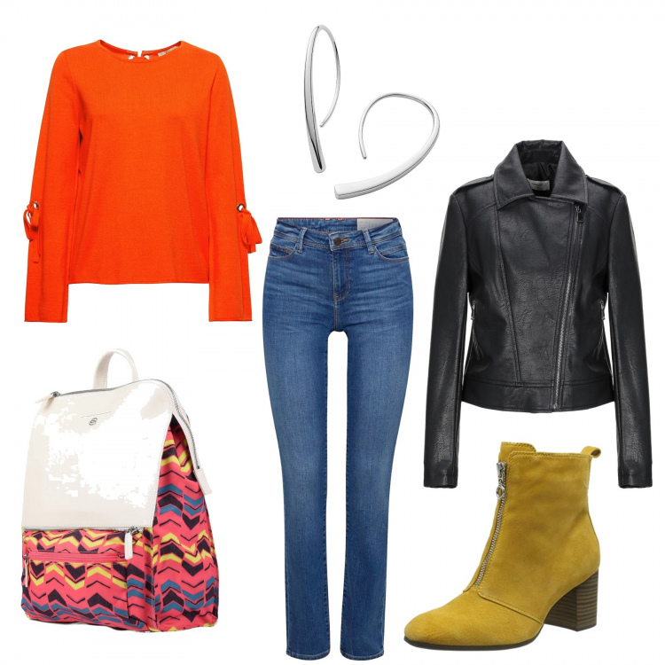 Outfit mujer - Día de recados. Estilo Urban para Todos los días. Combinación con maglioncino arancione, botas y anfibios effetto scamosciato, vaqueros, giacca, pendientes, zaino maxi multicolore.