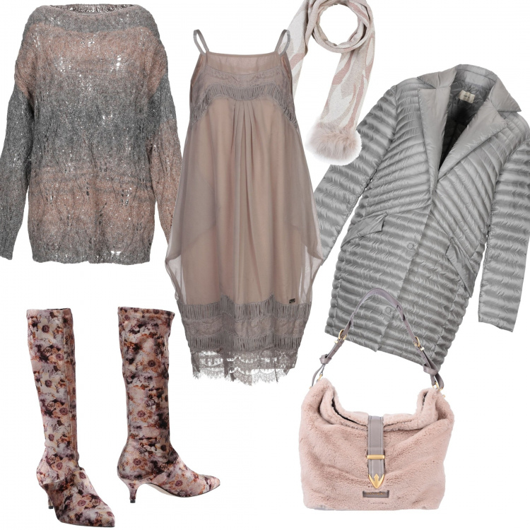 Outfit donna - Stivali a fiori per il black week 2019. Stile Trendy per Serata fuori. Abbinamento con pullover, vestito senza maniche, stivali, giubbotto, borsa a mano con manico taglia media interno foderato tinta unita, stola fantasia multicolore lavorato a maglia.