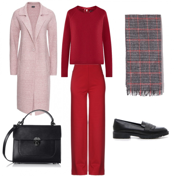 Outfit donna - RED oll over dall’ufficio a cena. Stile Bon Ton Abbinamento con cappotti, pantaloni, sciarpa pied de poule con frange nero, maglioni, mocassini effetto vernice con punta tonda nero, borse a spalla.