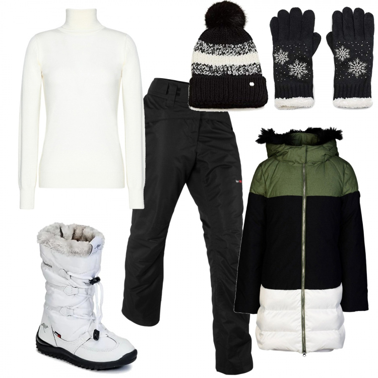 Outfit donna - Montagna d\'inverno. Stile Basic per Tutti i giorni. Abbinamento con piumino fantasia con cappuccio, pullovers, pantaloni, stivali da neve, guanti, cuffia nero.