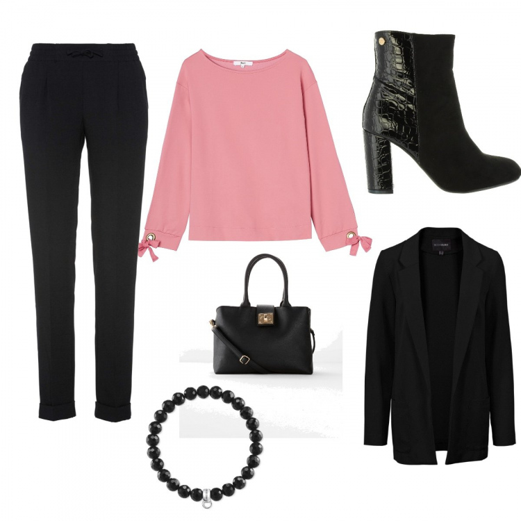 Outfit donna - Pink in ufficio. Stile Bon Ton per Ufficio. Abbinamento con pantaloni, blazer, borsa a tracolla con zip e tracolla regolabile nero, felpe, stivali, braccialetti.