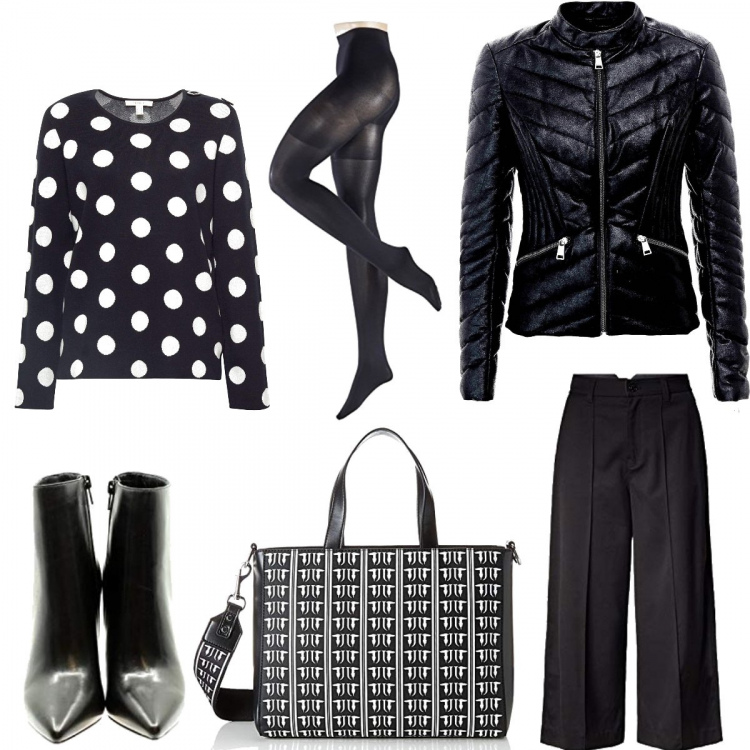 Outfit donna - Trendy #34489. Stile Trendy per Scuola/Università. Abbinamento con felpa multicolore e nero, pantaloni culotte, stivaletti nero, borse tote, collant.