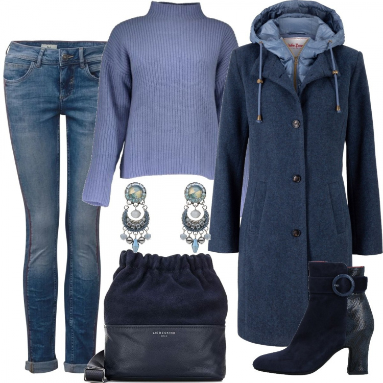 Outfit donna - Per la mia sorellina. Stile Trendy per Tutti i giorni. Abbinamento con cappotti, stivaletti con stampa effetto scamosciato con tacco squadrato e zip con punta tonda tinta unita rosso, orecchini, maglione collo alto a maniche lunghe azzurro, jeans, scarpa.