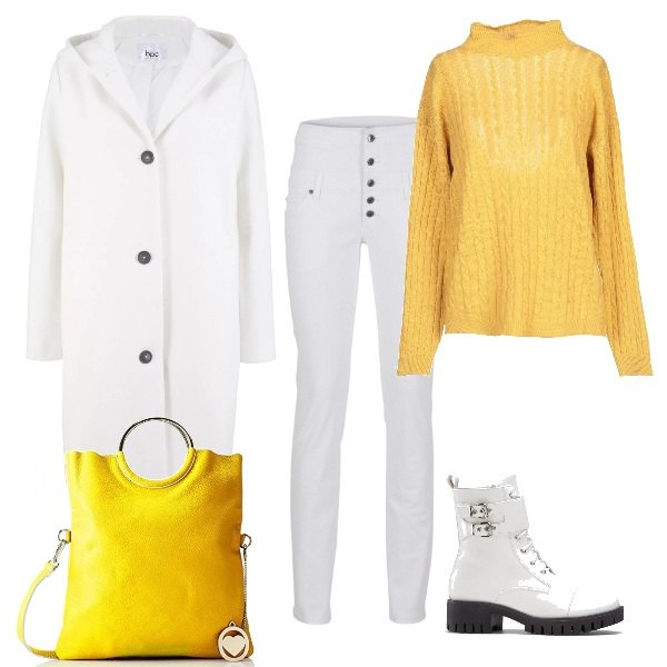 Outfit donna - Raggi di sole in inverno. Stile Trendy per Tutti i giorni. Abbinamento con cappotto, stivaletti, pantaloni skinny, maglioncino a trecce lavorato a maglia collo a dolcevita a maniche lunghe senza tasche tinta unita, borse a spalla.