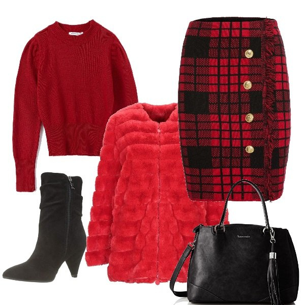 Outfit donna - La gonna scozzese di maglia. Stile Trendy per Tutti i giorni. Abbinamento con gonne, ecopelliccia, maglia bordeaux, borsa a mano, stivaletti.