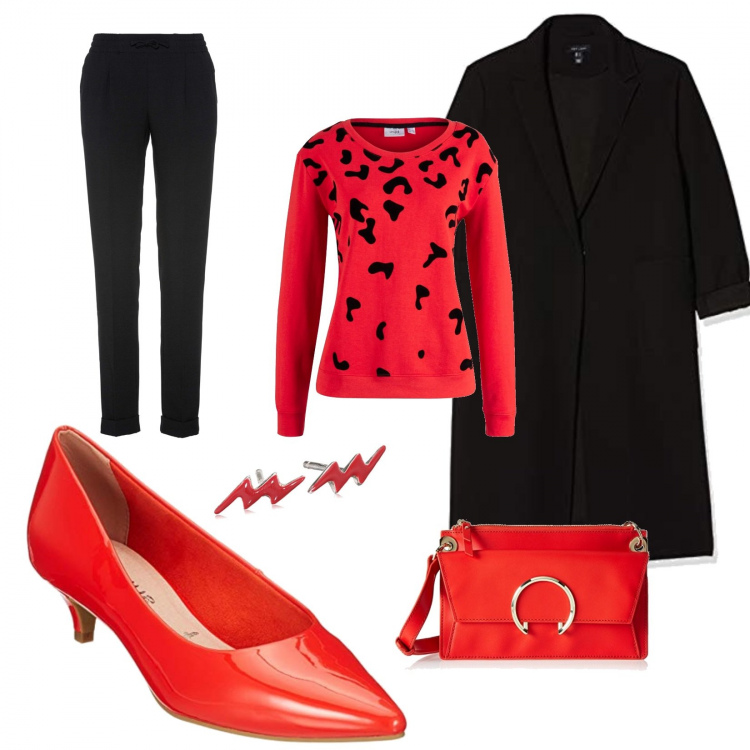 Outfit donna - Rosso e nero#curvystyle. Stile Urban per Ufficio. Abbinamento con pantaloni, felpa con stampa rosso, giubbotto, scarpa col tacco, borse a spalla, orecchini.