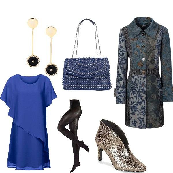 Outfit donna - Fleurellestyle#17. Stile Chic per Serata fuori. Abbinamento con cappotti, vestiti asimmetrici, borsa a spalla con strass e borchie taglia media doppio manico interno foderato in pelle sintetica tinta unita, orecchini con farfallina oro, décolleté, collant.