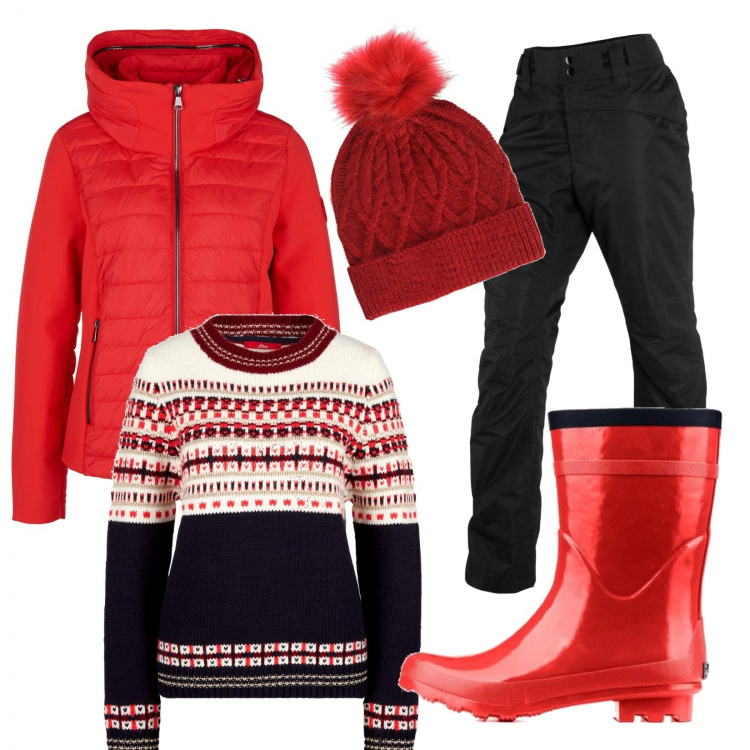 Outfit donna - Rosso montagna. Stile Basic per Tutti i giorni. Abbinamento con pantaloni, stivali rosso, giacca rosso, felpa, berretti.
