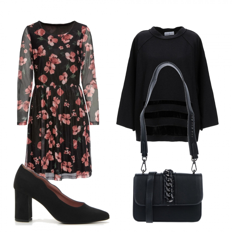 Outfit donna - Il vestito in mesh. Stile Trendy per Serata fuori. Abbinamento con borsa messenger, pullover collo tondo a maniche lunghe in velluto tinta unita, vestiti lunghi, décolleté.