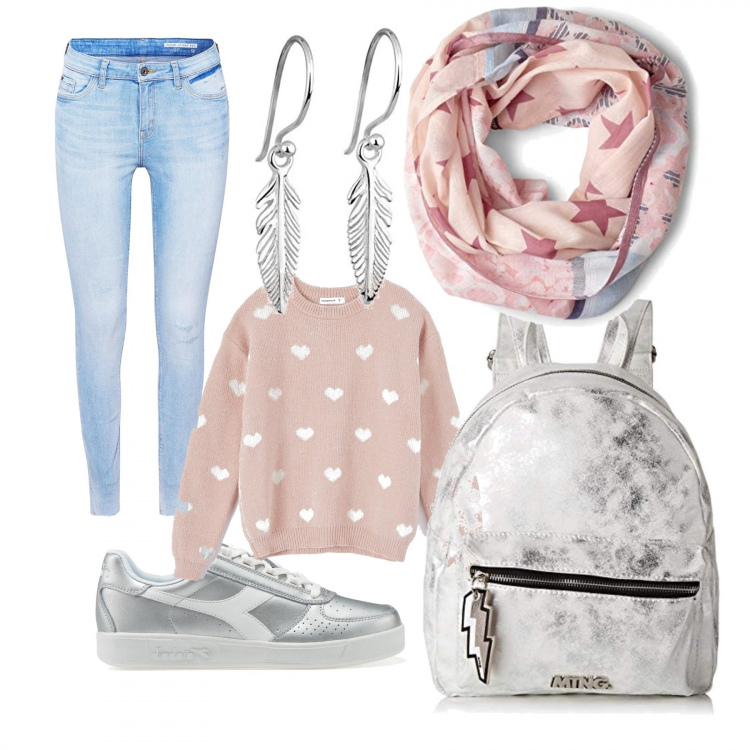 Outfit donna - A scuola silver&pink. Stile Basic per Scuola/Università. Abbinamento con maglia rosa, sneakers effetto metallizzato argento, cappello multicolore e rosa, zaini, jeans skinny, orecchini.