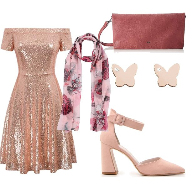 Outfit donna - Natale in rosa. Stile Bon Ton per Serata fuori. Abbinamento con sciarpa fantasia floreale in seta crêpe, vestiti corti, orecchini farfalla, décolleté, clutch rosa.