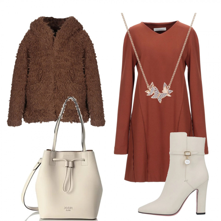 Outfit donna - Le offerte di Dicembre. Stile Trendy per Ufficio. Abbinamento con vestiti corti, stivaletti, pelliccia eco, collane, borsa zainetto in denim bianco.