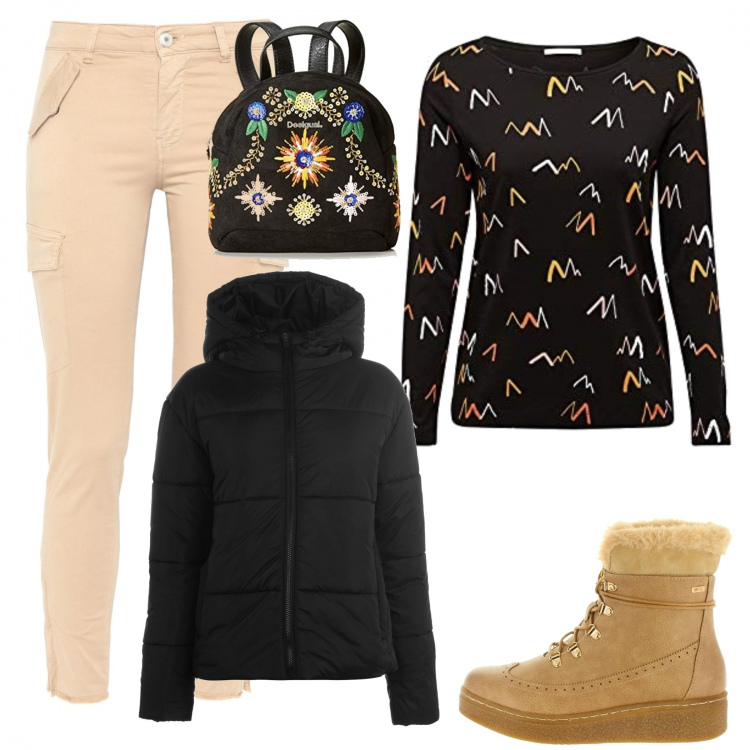 Outfit donna - Offerte di dicembre. Stile Urban per Scuola/Università. Abbinamento con pantalone vita bassa con zip tinta unita, giubbotto sport con cappuccio e zip con tasche nero, maglia, stivaletti interno foderato in pelle sintetica beige, borse a mano.