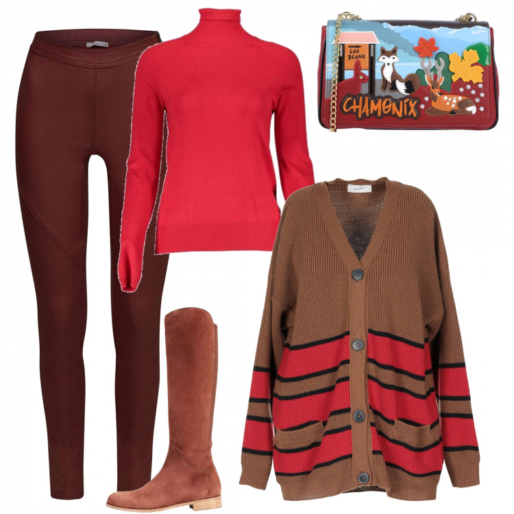 Outfit donna - Maxicardigan tra le offerte di dicembre. Stile Trendy per Tutti i giorni. Abbinamento con cardigan a righe lavorato a maglia a maniche lunghe taglia media con bottoni, stivali effetto scamosciato con tacco squadrato e punta tonda in pelle, borsa a tracolla cartella contrasto taglia media interno foderato fondo con piedini, maglioncino a maniche lunghe rosso, pantaloni.