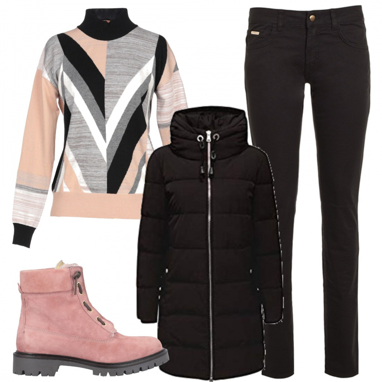 Outfit donna - Look in offerta. Stile Urban per Tutti i giorni. Abbinamento con maglioncino fantasia multicolore lavorato a maglia collo a dolcevita a maniche lunghe, stivaletti, cappotto, pantaloni.