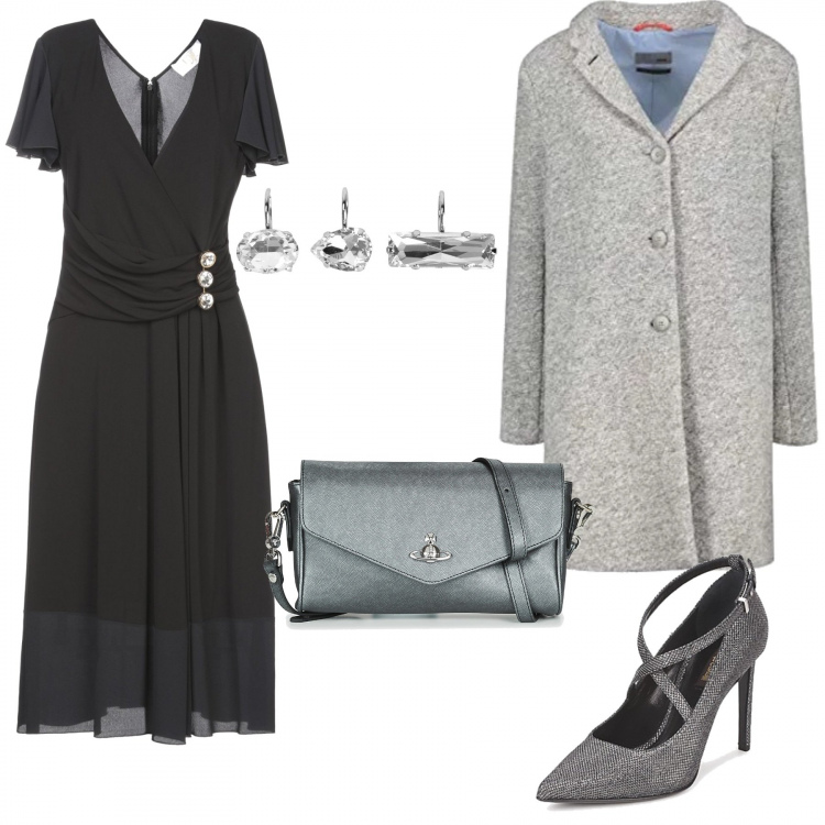 Outfit mujer - Discreto y clásico. Estilo Trendy para Ceremonia. Combinación con cappotto, zapatos de tacón, borsa a tracolla, vestito, pendientes.
