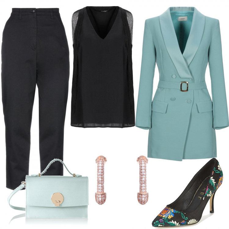 Outfit mujer - Ceremonias. Estilo Basic para Ceremonia. Combinación con shopping bag, zapatos de tacón, giacca, top, pantalone, pendientes.