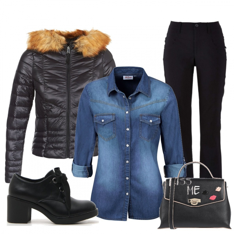 Outfit donna - Kiss me. Stile Trendy per Serata fuori. Abbinamento con camicie, pantaloni, borsa a tracolla con manico contrasto taglia media a scatto interno foderato in pelle sintetica tinta unita blu, piumino nero, scarpe stringate.