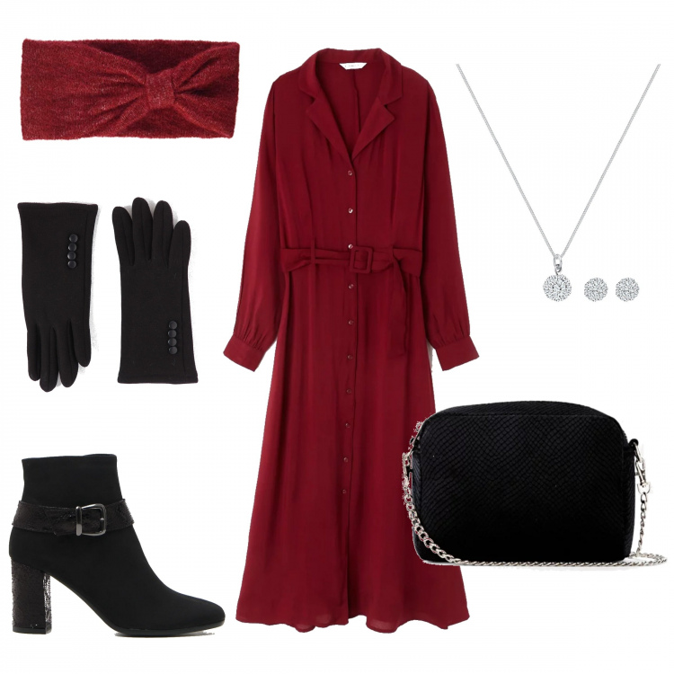 Outfit donna - Regala un outfit. Stile Trendy per Serata fuori. Abbinamento con vestito, guanti con bottoni nero, stivaletti, orecchini, fasce per capelli, borse a mano.