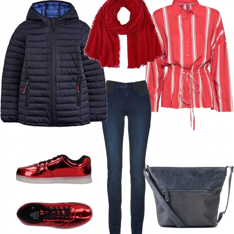 Outfit donna - #Mi vesto bene con poco. Stile Urban per Scuola/Università. Abbinamento con jeans skinny, costumi interi, borsa a tracolla con zip interno foderato blu, sneakers tennis, gilet, t-shirt a maniche lunghe rosso.