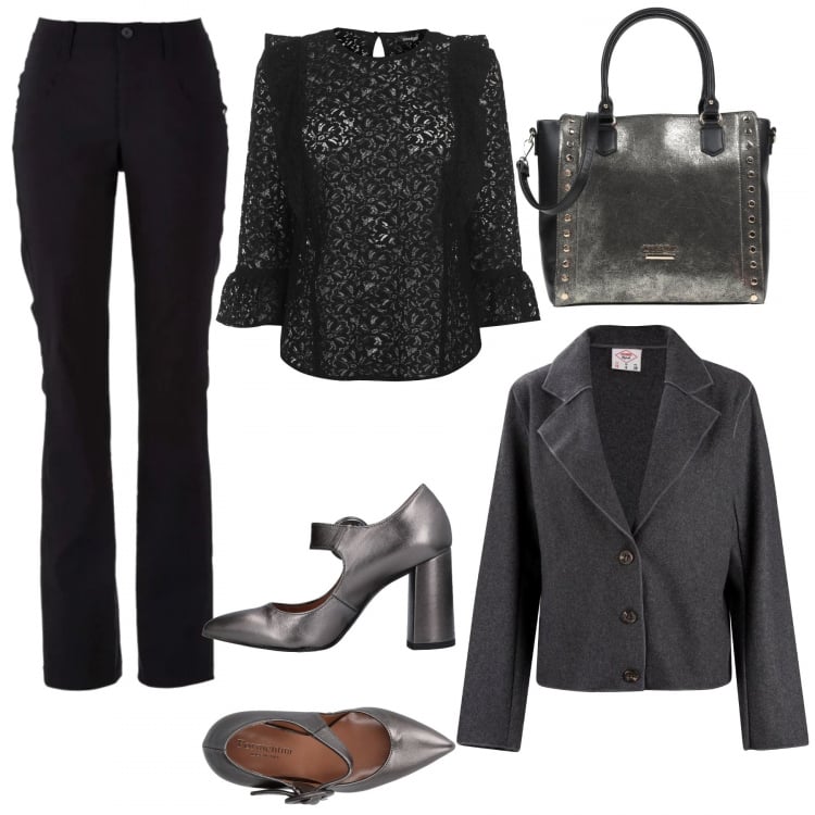 Outfit donna - Curvy style: a cena fuori. Stile Trendy per Serata fuori. Abbinamento con pantaloni, borsa a spalla fantasia effetto laminato taglia media con zip interno foderato in pelle sintetica con tracolla removibile, décolleté effetto laminato con tacco geometrico e fibbia a punta tinta unita, bluse, trench.