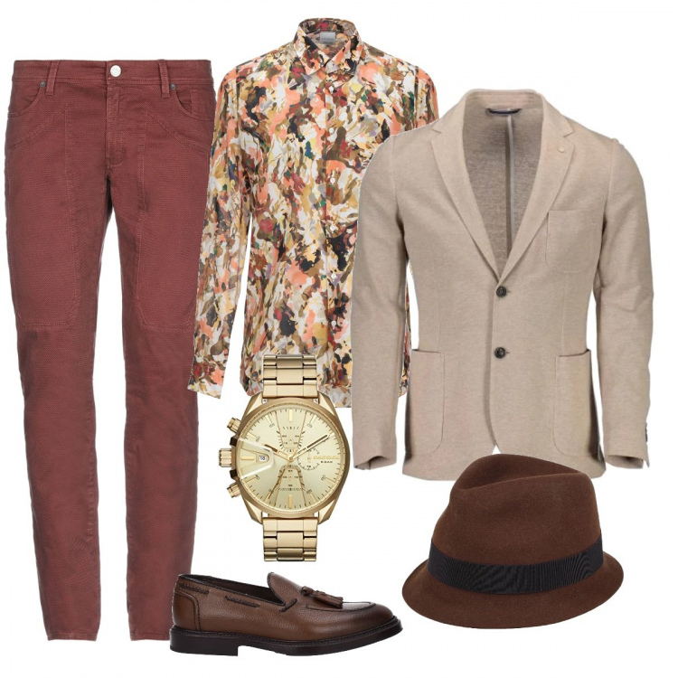 Outfit uomo - Al concerto di beneficenza. Stile Trendy per Serata speciale. Abbinamento con camicie, cappello taglia media interno sfoderato in pelle tinta unita, pantalone a sigaretta fantasia geometrica con borchie e zip con bottoni, mocassini, giacca, orologio.