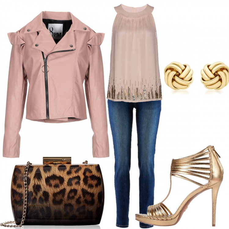 Outfit donna - Quel tocco animalier. Stile Trendy per Serata fuori. Abbinamento con treggings, top, sandali effetto laminato con zip e punta tonda tinta unita, cappotti, pochette, orecchini.