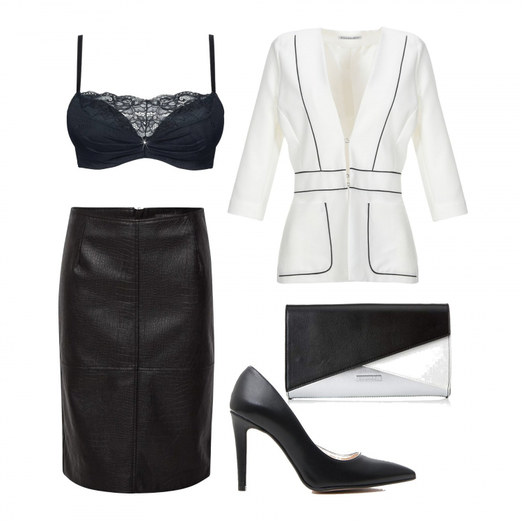 Outfit donna - Monday style giacca chic. Stile Sexy per Serata fuori. Abbinamento con reggiseni push-up, blazer, gonne, décolleté, clutch.
