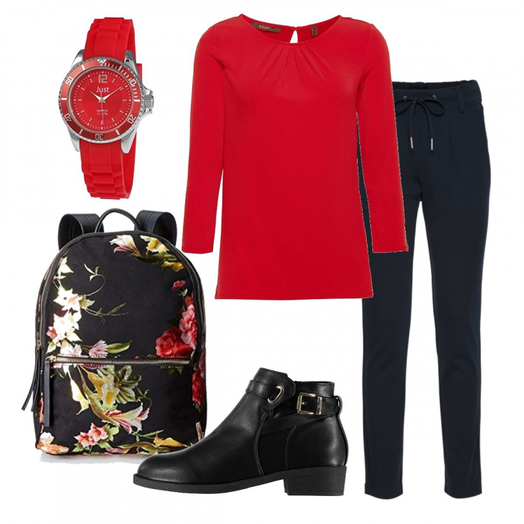 Outfit donna - Zaino a fiori. Stile Basic per Tutti i giorni. Abbinamento con pantaloni, pullovers, zaini, orologi, stivaletti.
