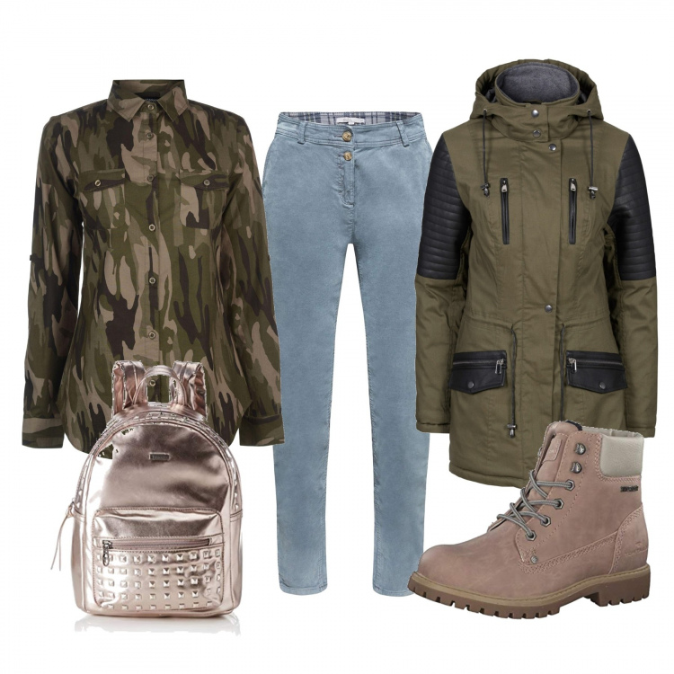 Outfit donna - A vedere il cinepanettone. Stile Basic per Tutti i giorni. Abbinamento con parka, stivaletti, zaino, camicia, pantaloni.