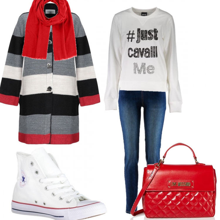 Outfit donna - In giro con le amiche. Stile Urban per Tutti i giorni. Abbinamento con treggings, soprabito a righe effetto laminato collo coreana a maniche lunghe interno sfoderato monopetto, scarpa sportiva, borse a mano, felpa girocollo a maniche lunghe con zip bianco, sciarpa.