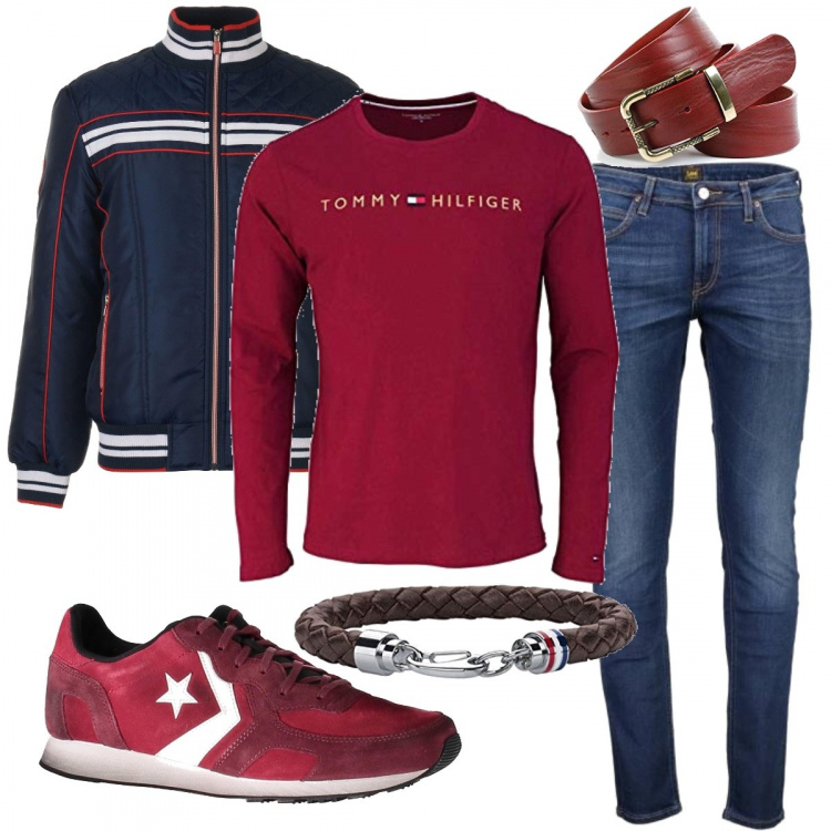 Outfit uomo - Domenica mattina caffè al bar. Stile Casual per Tutti i giorni. Abbinamento con t-shirt, jeans con zip in denim blu, bomber, sneakers, braccialetti, cinture.