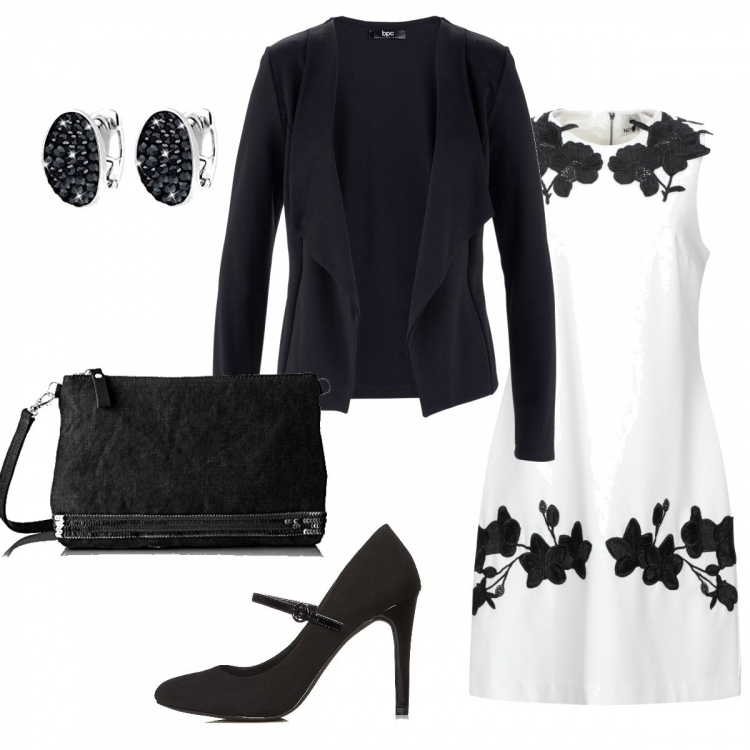 Outfit donna - Fiori e foglie neri. Stile Chic per Cerimonia. Abbinamento con blazer, vestito corto contrasto collo tondo senza maniche con zip interno foderato tinta unita, scarpa, orecchini, borsa tote.