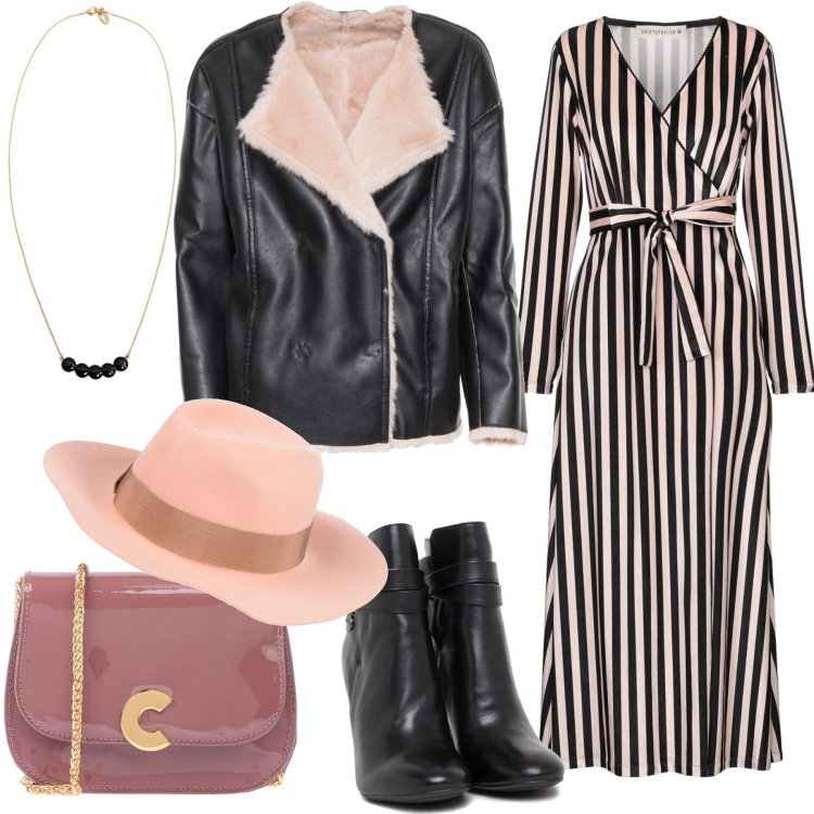 Outfit donna - Trendy a dicembre. Stile Trendy per Tutti i giorni. Abbinamento con vestito longuette in velluto, cappello, borsa a tracolla, collane, stivaletti nero, cappotti.