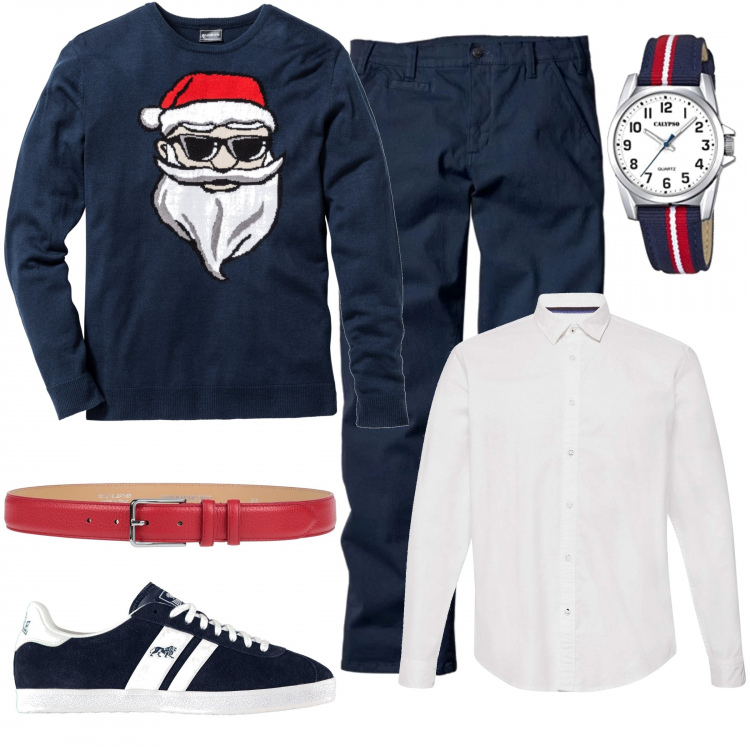 Outfit uomo - Regala un outfit per lui. Stile Casual per Serata speciale. Abbinamento con cinture, maglieria, orologio, pantaloni chino, camicia bianco, sneakers.