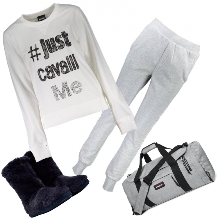 Outfit donna - Un weekend tra amiche. Stile Basic per Tutti i giorni. Abbinamento con borsa da viaggio grigio, pantalone lungo, pantofole collo alto blu e navy, felpa girocollo a maniche lunghe con zip bianco.
