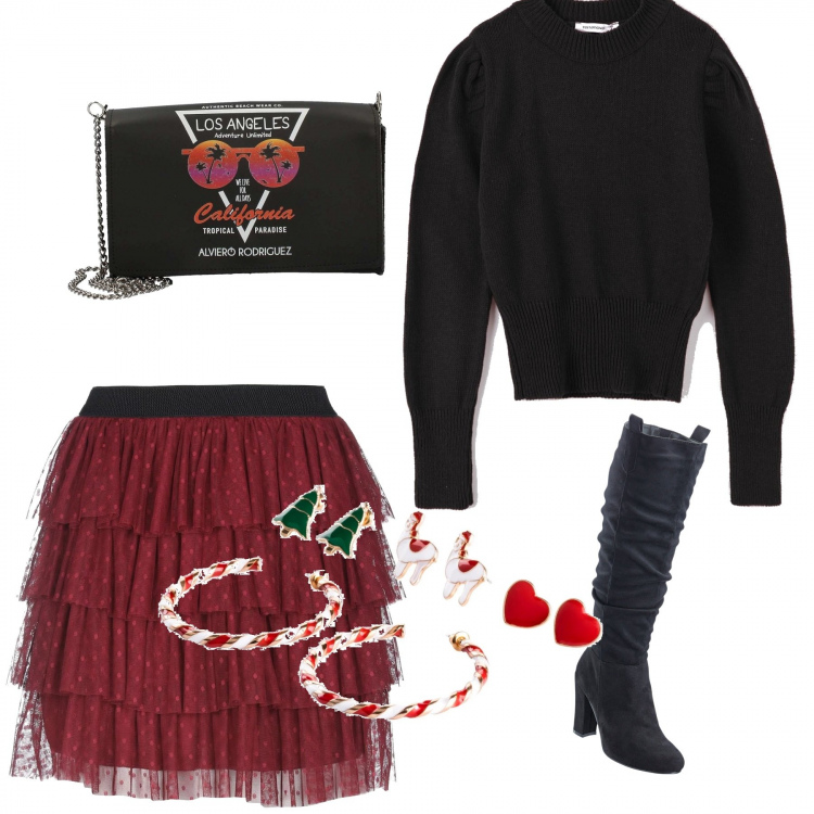 Outfit donna - Giorni di festa. Stile Trendy Abbinamento con stivali, orecchini, minigonna, maglia nero, borsa a tracolla.