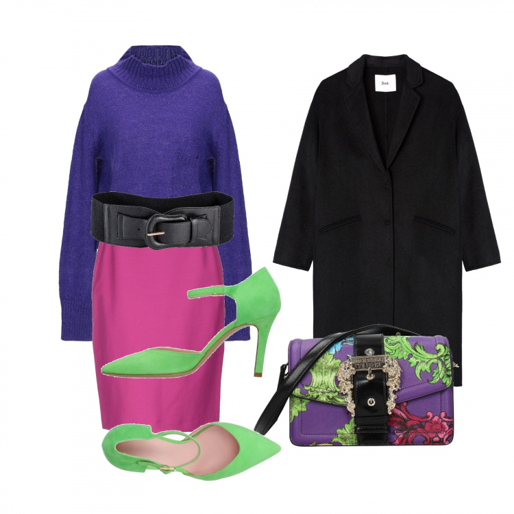 Outfit donna - Colori duplicati. Stile Trendy per Tutti i giorni. Abbinamento con cinture, gonna al ginocchio con zip interno sfoderato tinta unita, décolleté effetto scamosciato a punta tinta unita, borsa a spalla con manico e stampa con fibbia e logo frontale viola, cappotti.