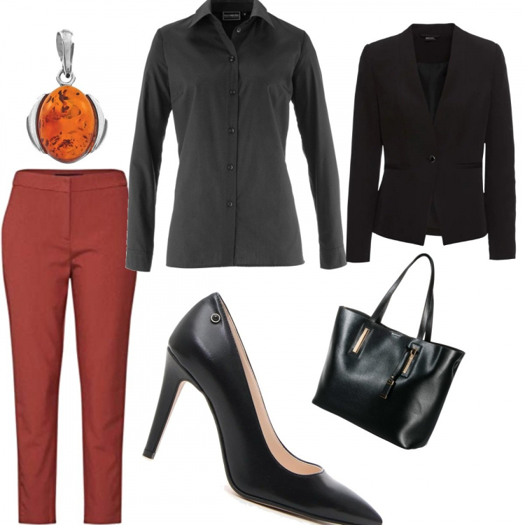 Outfit donna - Capodanno casual. Stile Basic per Serata fuori. Abbinamento con blazer, camicie, shopping bag, pantalone lungo, décolleté, collana.