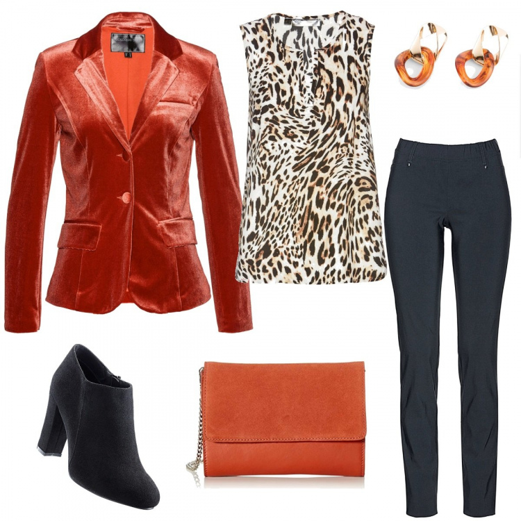 Outfit donna - Arancio a Natale per la sorellona. Stile Trendy per Serata fuori. Abbinamento con pantaloni, cappotti, top bianco, tronchetti con zip nero, vestiti, borse a tracolla.