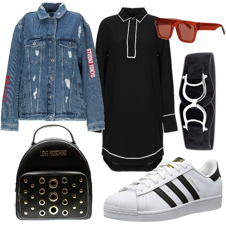 Outfit donna - Il vestito chemisier. Stile Trendy per Tutti i giorni. Abbinamento con cinture, vestito corto senza tasche contrasto collo classico a maniche lunghe interno sfoderato crêpe, giacca effetto strappato con ricamo collo classico a maniche lunghe in denim tinta unita, occhiali da sole, scarpe da ginnastica bianco, zaini.