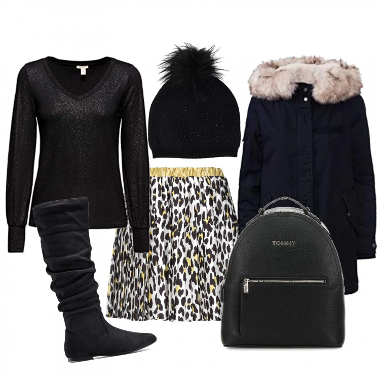 Outfit donna - Mini e stivali. Stile Urban per Tutti i giorni. Abbinamento con stivali, gonna al ginocchio fantasia interno sfoderato in raso, t-shirt, parka, zaino, cuffia nero.