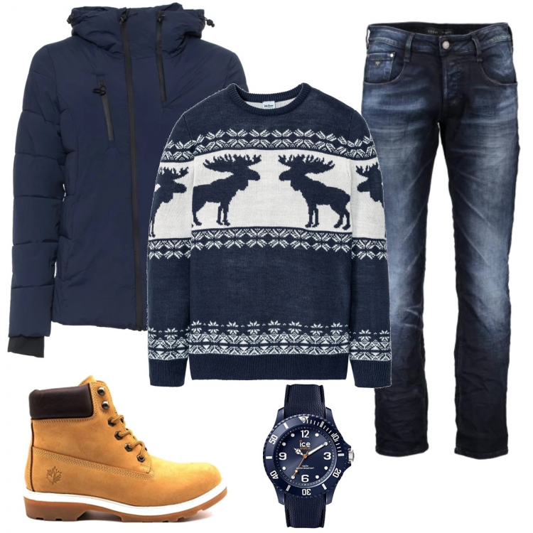 Outfit uomo - Winter Is coming. Stile Casual per Tutti i giorni. Abbinamento con maglieria, giubbotto blu, stivali giallo, jeans con zip in denim blu, orologi analogici.