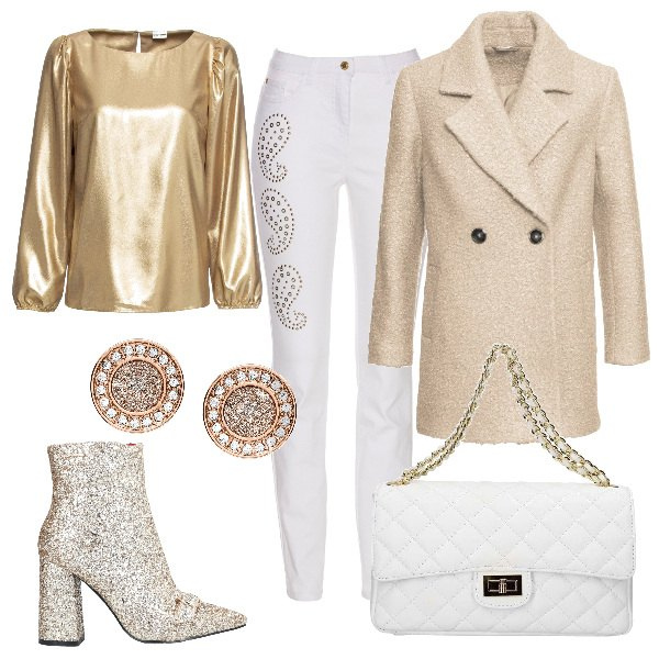 Outfit donna - Regala un outfit Curvy per le feste. Stile Trendy per Serata fuori. Abbinamento con reggiseni, jeans con borchie in denim bianco, bluse, stivaletti, orecchini, borse a mano.
