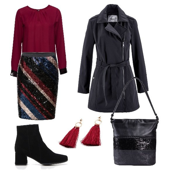 Outfit donna - Il look curvy che brilla per le feste!. Stile Chic per Serata fuori. Abbinamento con bluse, bluse, blazer, orecchini con nappine, borsa, stivaletti.