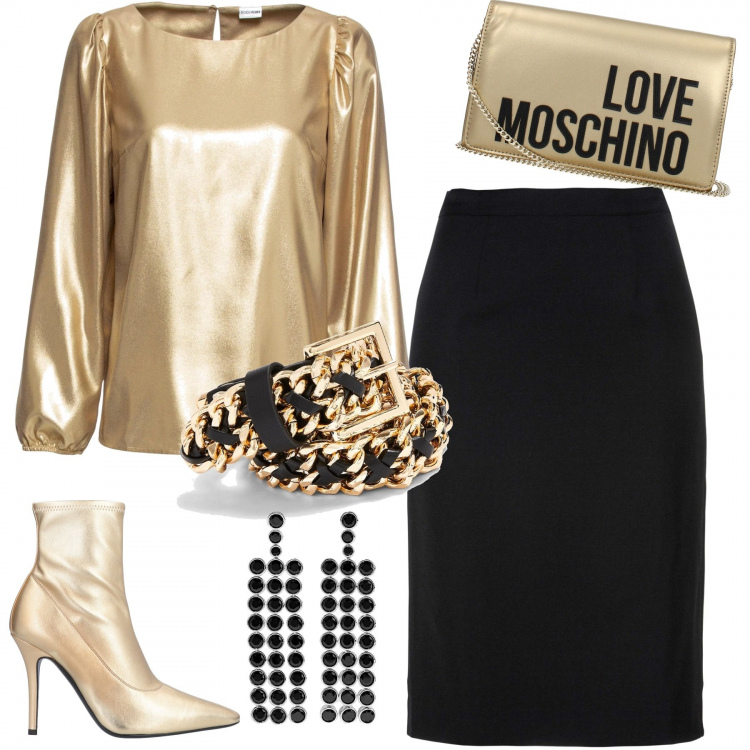 Outfit donna - Voglio vederti brillare - curvystyle. Stile Chic per Serata fuori. Abbinamento con gonna nero, bluse, cintura, stivaletti, orecchini, borsa a tracolla con logo frontale oro.
