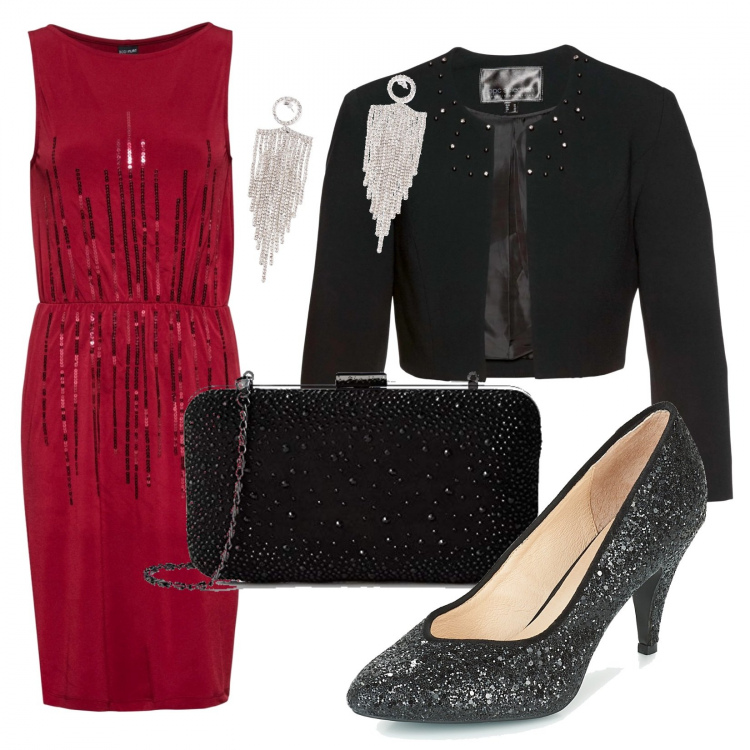 Outfit donna - Curvy brillante. Stile Chic per Serata fuori. Abbinamento con blazer, bolero, orecchini, scarpa, pochette.