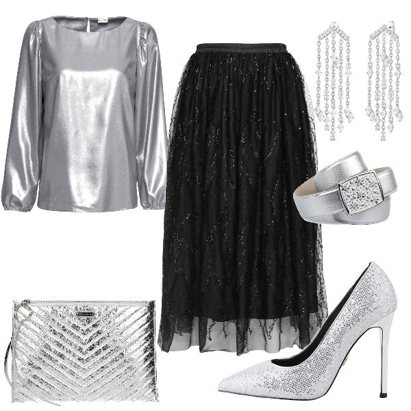 Outfit donna - Curvy style - Stella cometa. Stile Chic per Serata fuori. Abbinamento con cinture, bluse, pochette, scarpe col tacco, cinture, orecchini a pendolo argento.